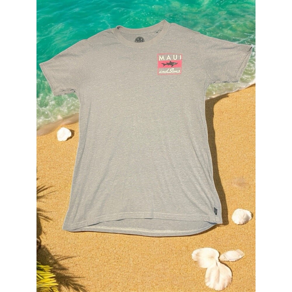 Maui And Sons Retro Unisex T-Shirt Beach Surfing Shark Logo Gray Size Medium